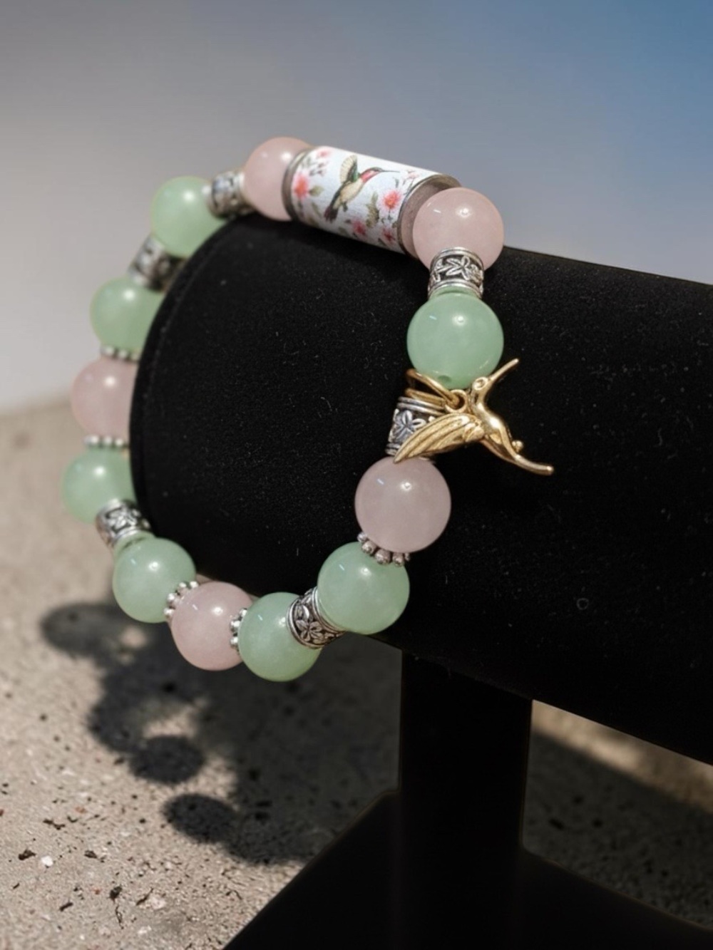 Hummingbird Rose Quartz Green Gemstone Stretch Bracelet Floral Boho